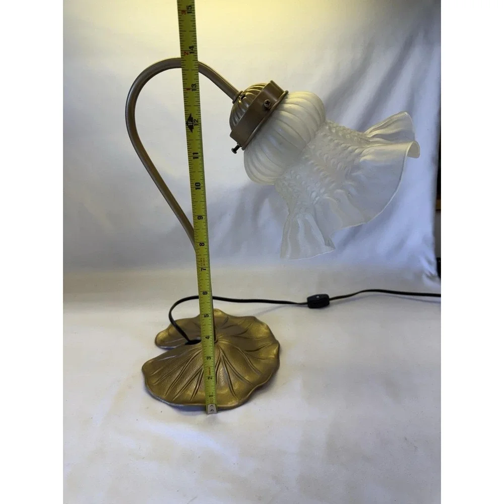 VTG Art Nouveau Gooseneck Lily Pad Desk Lamp W/ White Frosted Ruffled Shade